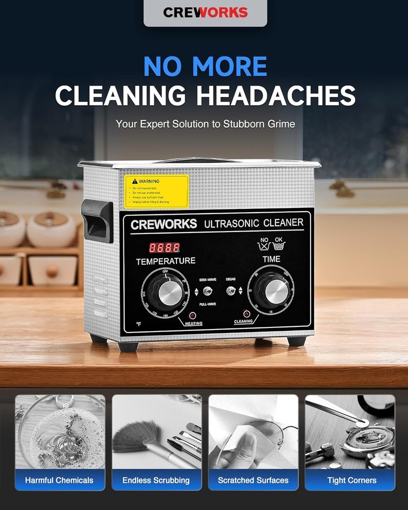 CREWORKS 3L Ultrasonic Cleaner with Degas & Gentle Modes, 120W Stainless Steel Ultrasonic Cleaner Machine with Heater and Timer, Ultrasonic Parts Cleaner with Knob Control for Jewelry Glasses Watch - Image 2